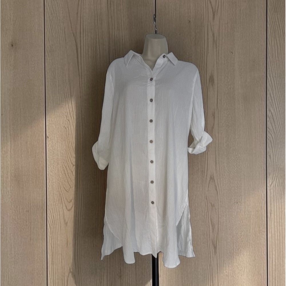 Chico's Size 1 White Gauze Crinkle 3/4 Sleeve Collared Sheer Tunic Shirt US 8-10